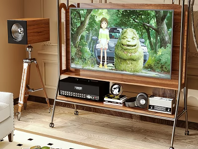 Modern TV Showing Animated Scene on Wooden Stand with Audio Equipment and Speaker 3d model