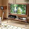 Modern TV Showing Animated Scene on Wooden Stand with Audio Equipment and Speaker