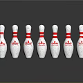 Multiple White Bowling Pins With Red Stripes And Crown Logo On Dark Surface With Reflections