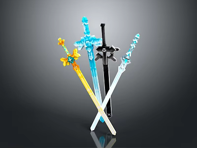 Decorative Weapons Various Colorful Swords Crossed Placement Featuring Transparent Blue Yellow Black Designs 3d model
