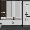 Modern Bathroom With Double Vanity Wooden Accents Glass Shower Mirrors Green Plant And White Countertop