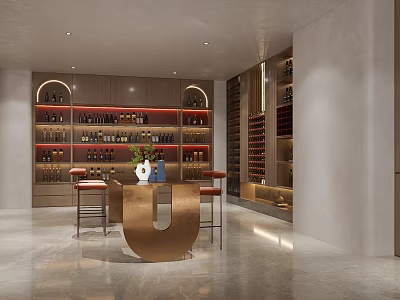 Elegant Modern Wine Cellar Interior Design With Wooden Wine Racks And Copper Bar Counter 3d model