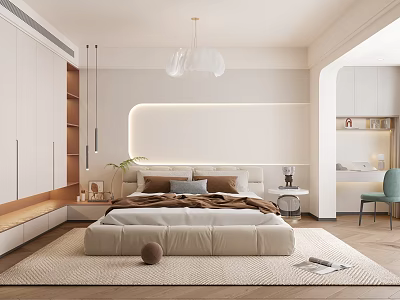 Modern Minimalist Bedroom Interior With Large Bed LED Lit Bedhead And Soft Rug 3d model