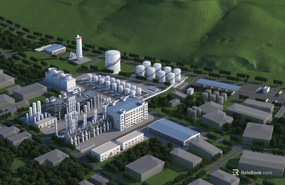 Industrial Plant Aerial View With Storage Tanks Piping And Green Mountain Surroundings 3d model 