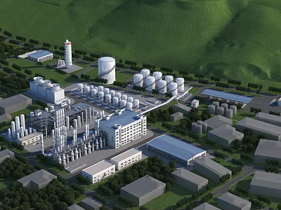 Industrial Plant Aerial View With Storage Tanks Piping And Green Mountain Surroundings 3d model