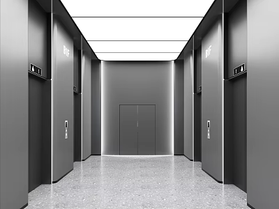 Elevator Hallway With Elevator Doors On Both Sides Gray Walls White Ceiling Polished Floor 3d model