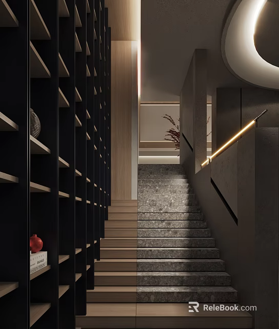 Modern Interior Design Featuring Grey Stone Stairs Wooden Handrail And Black Bookshelves With Lighting 3d model 