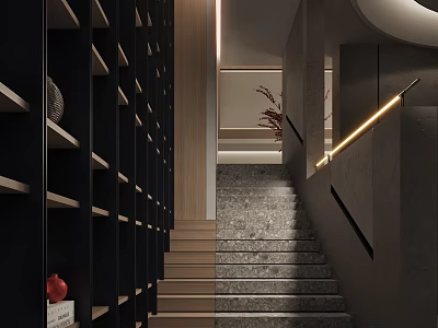 Modern Interior Design Featuring Grey Stone Stairs Wooden Handrail And Black Bookshelves With Lighting 3d model