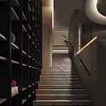 Modern Interior Design Featuring Grey Stone Stairs Wooden Handrail And Black Bookshelves With Lighting