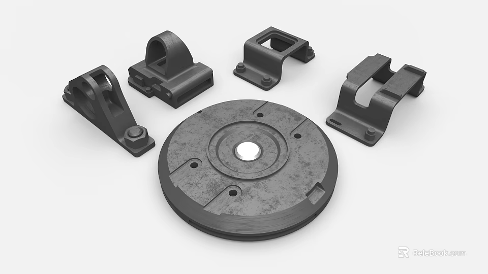 Industrial Equipment Metal Components Featuring Circular Base Plate Brackets And Mechanical Connectors 3d model 