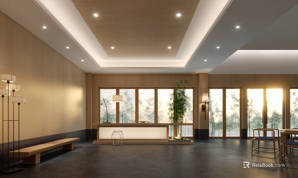 Modern Hotel Lobby Interior With Wooden Panel Walls Large Windows Green Plants And Bench 3d model 