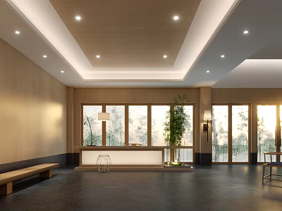 Modern Hotel Lobby Interior With Wooden Panel Walls Large Windows Green Plants And Bench 3d model