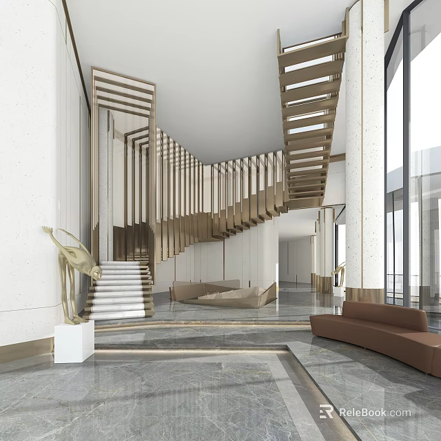 Modern Hotel Lobby With Golden Spiral Staircase White Walls Marble Floor Sculpture And Brown Sofa 3d model 