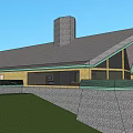 Detached House Featuring Gray Roof Yellow Exterior Stone Base Chimney And Green Lawn