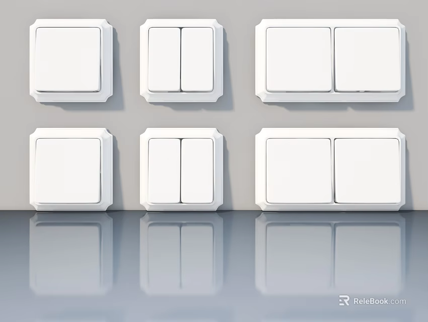 White Switch Panels With Single And Double Gang Designs Arranged On Wall 3d model 