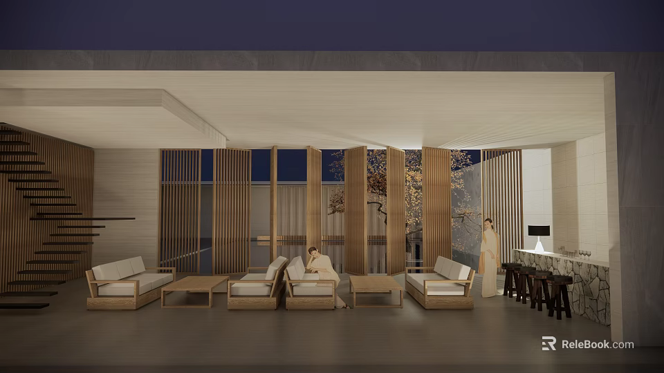 Garden Landscape Inspired Modern Chinese Indoor Space With Wooden Screens And Sofas 3d model 