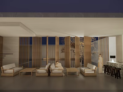 Garden Landscape Inspired Modern Chinese Indoor Space With Wooden Screens And Sofas 3d model