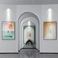 Modern Art Gallery Interior With Abstract Geometric Paintings Arched Doorway And Polished Gray Floors