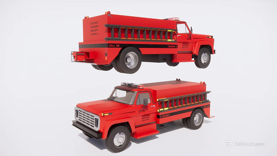 Red Fire Truck With Water Tank And Ladder In Side And Front Views 3d model 