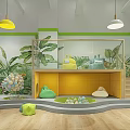 Kindergarten Interior With Wooden Cabinets Circular Reception Desk Pendant Lights And Colorful Stools