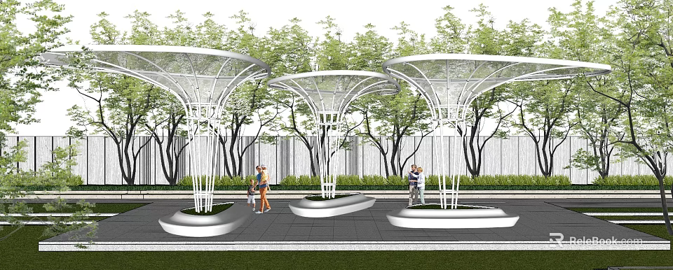 Modern Pergola Design With Lush Green Trees And Outdoor Relaxing Area For People 3d model 