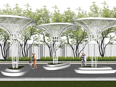 Modern Pergola Design With Lush Green Trees And Outdoor Relaxing Area For People 3d model