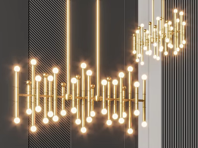 Elegant Gold Geometric Chandelier With Multiple Illuminated Bulbs In Modern Interior 3d model