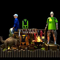 Camping Themed Window Display With Tent Camping Gear Apparel Campfire And Barbecue Grill