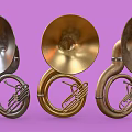 Three Silver Gold Copper French Horns Arranged On Purple Background