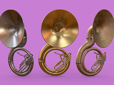 Three Silver Gold Copper French Horns Arranged On Purple Background 3d model
