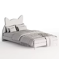 Cute Kids Bed with Cat Ear Design Pink Gray Headboard White Frame and Striped Plaid Bedding