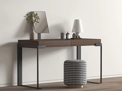 Modern Wooden Dressing Table With Black Metal Legs Mirror Vase Lamp Skincare And Checkered Stool 3d model