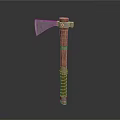 Vintage Battle Axe With Metal Head And Wooden Handle Decorated With Metal Rings