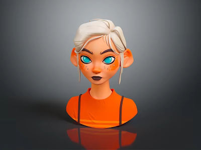 3D Game and Movie Character Bust With White Hair Blue Eyes Freckles and Orange Top 3d model
