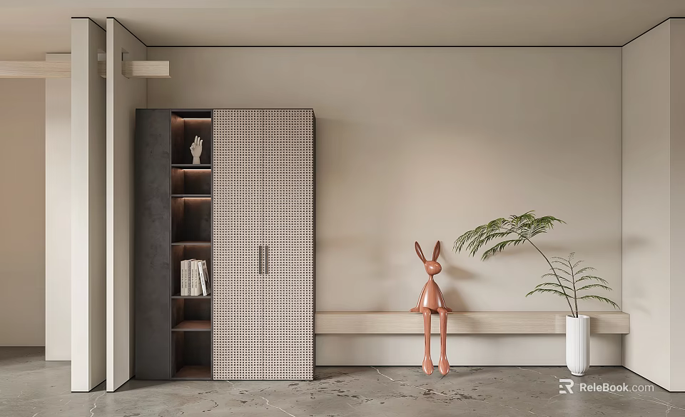 Modern Shoe Cabinet Design With Checkered Doors Open Shelves And Rabbit Sculpture Decor 3d model 