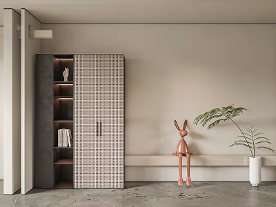 Modern Shoe Cabinet Design With Checkered Doors Open Shelves And Rabbit Sculpture Decor 3d model