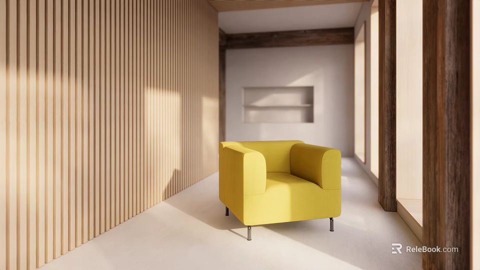Yellow Modern Single Sofa in Bright Room With Wooden Wall and Natural Light 3d model 