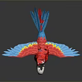 Colorful Red Parrot With Blue Wings And Tail Feathers In Flying Pose