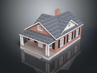 Traditional Residential House With Gray Roof Red Brick Walls White Windows And Porch Columns 3d model