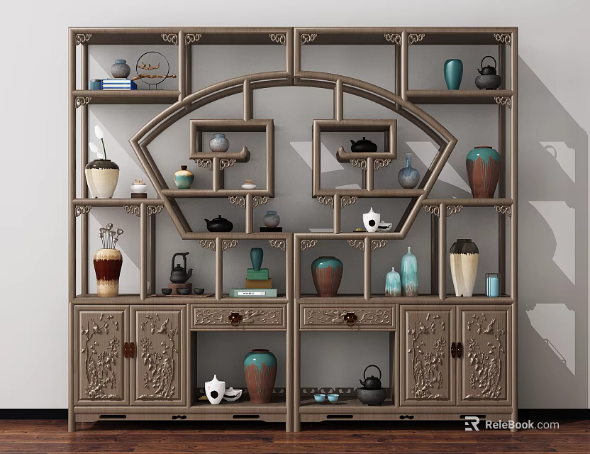 Traditional Chinese Curio Cabinet With Carved Wooden Design And Decorative Vases Tea Utensils 3d model 