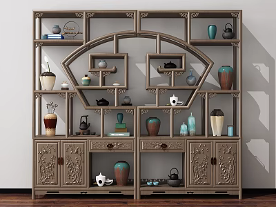 Traditional Chinese Curio Cabinet With Carved Wooden Design And Decorative Vases Tea Utensils 3d model