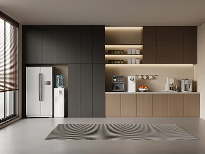 Modern Tea Room Interior Design With Black Wooden Cabinets Coffee Machine And Storage Shelves 3d model