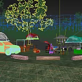 Comfortable Garden Landscape Camping Site With Warm String Lights And Happy Family Outdoor Gathering