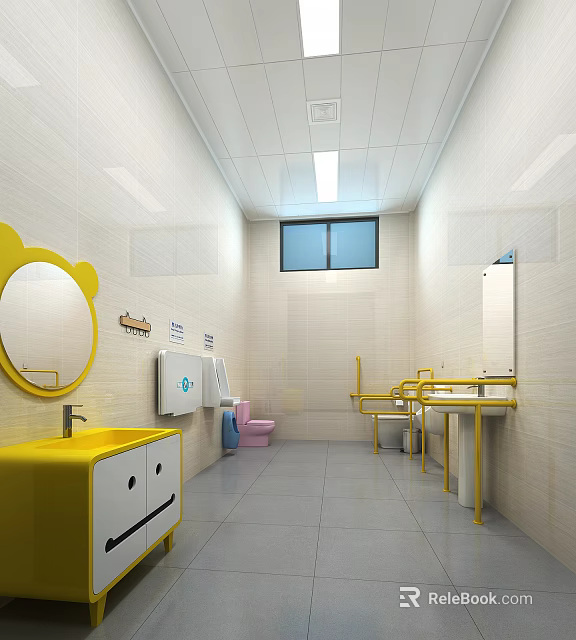 Public Restroom Interior With Yellow Vanity Mirrors Grab Bars And Pink Toilets 3d model 