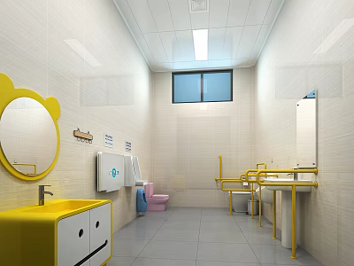 Public Restroom Interior With Yellow Vanity Mirrors Grab Bars And Pink Toilets 3d model