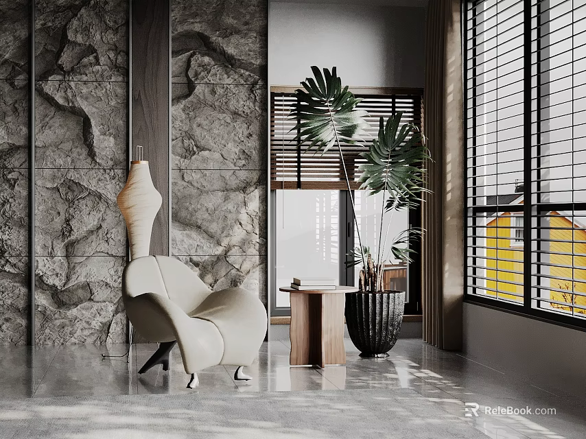 Modern Minimalist Leisure Chair With Rock Wall Small Wooden Table And Large Potted Plant 3d model 