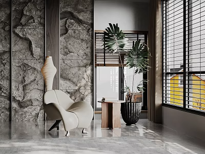 Modern Minimalist Leisure Chair With Rock Wall Small Wooden Table And Large Potted Plant 3d model