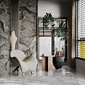 Modern Minimalist Leisure Chair With Rock Wall Small Wooden Table And Large Potted Plant