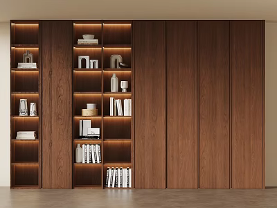 Modern Wooden Bookcase With Layered Shelves Built In Lighting And Decorative Books 3d model