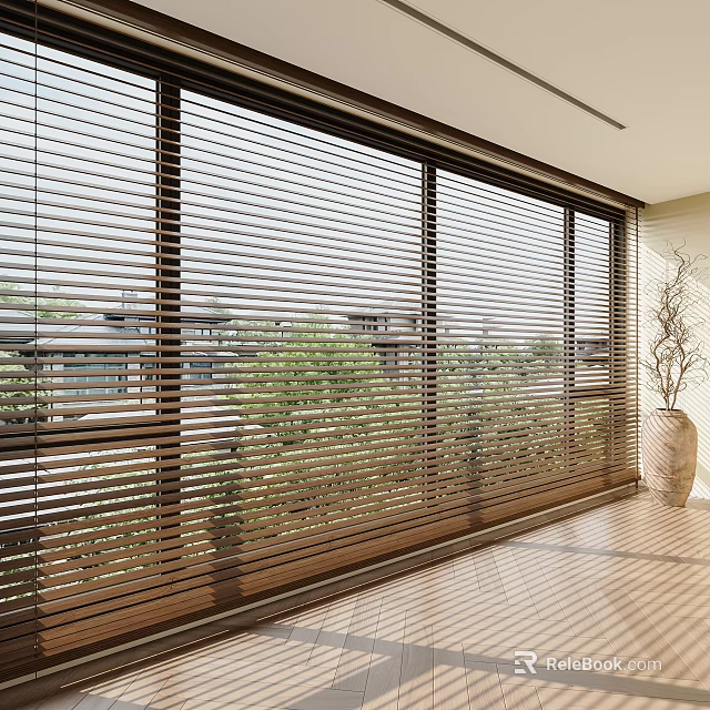 Wooden Venetian Blinds On Large Window With Natural Light Indoor Greenery View And Wooden Floor 3d model 